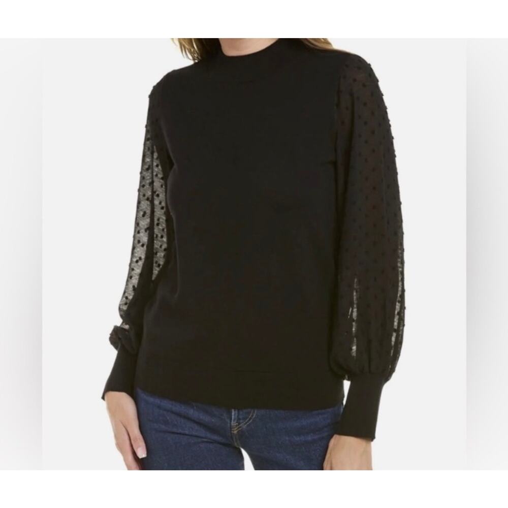 Vince Camuto Black Mock Neck Sweater – Chiffon Swiss Dot Sleeves – Size XL